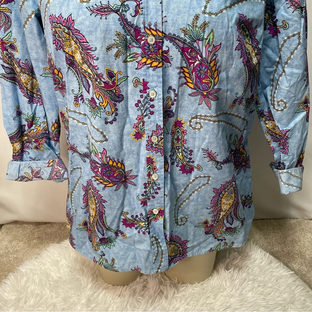 Talbots Cotton Button Front Swirly Paisley Blouse Top Women's Size M